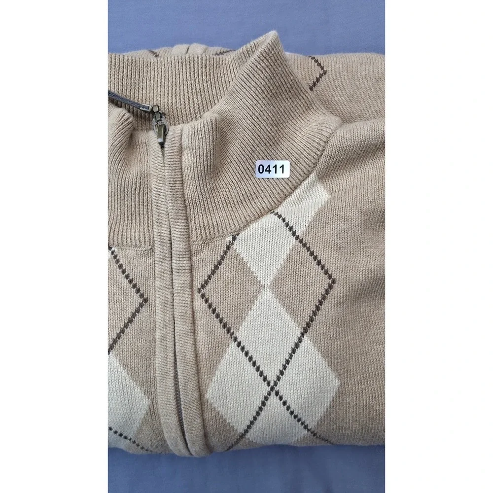IZOD Men's Full-Zip Argyle Sweater – Size XL – Tan/Beige – 100% Cotton